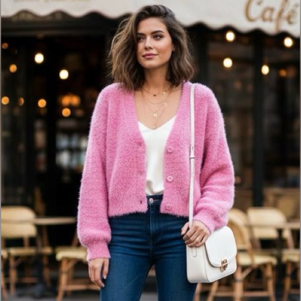 No Boundaries Pink Fuzzy Knit Cardigan Sweater 100% Polyester Button V-Neck S